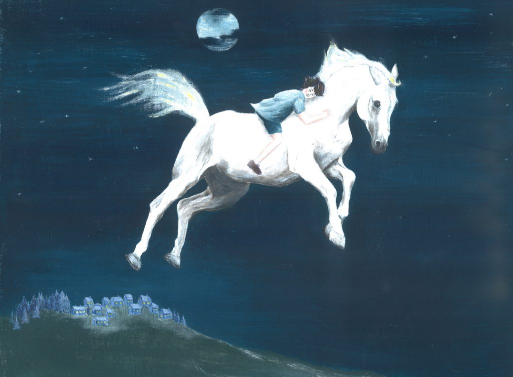 Το άλογο πετάει μαζί με το παιδί πάνω από την πόλη